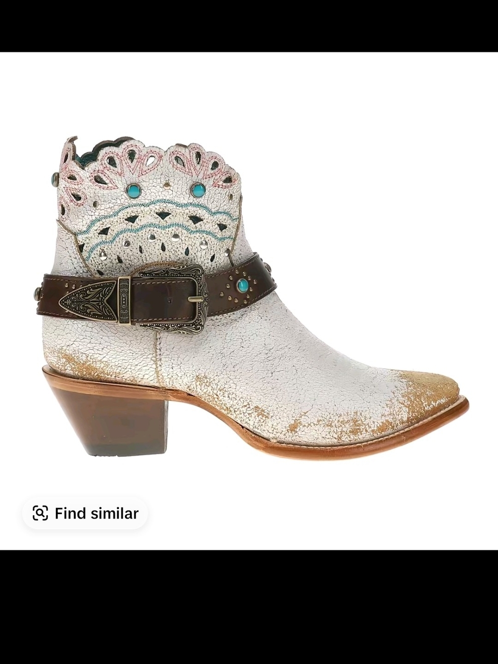 White Distressed Leather Ankle Boot with Turquoise Accents New In Box 71/2
